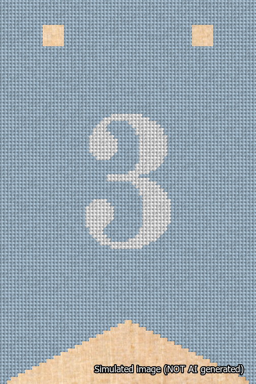 A simulated image of the stitched needlepoint design: Banner 18m Forked 3 White on Light Blue. Not A.I. generated.