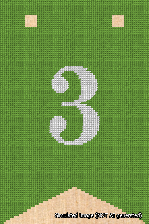 A simulated image of the stitched needlepoint design: Banner 18m Forked 3 White on Light Green. Not A.I. generated.
