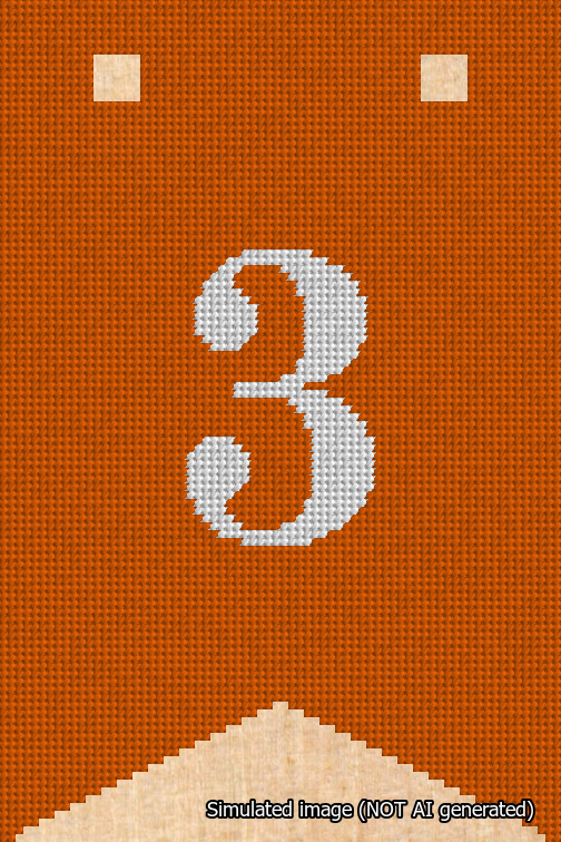A simulated image of the stitched needlepoint design: Banner 18m Forked 3 White on Orange. Not A.I. generated.