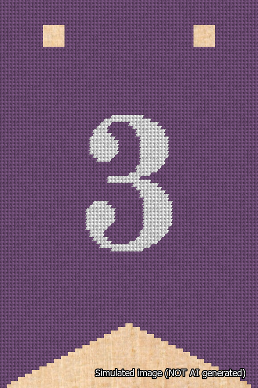 A simulated image of the stitched needlepoint design: Banner 18m Forked 3 White on Purple. Not A.I. generated.