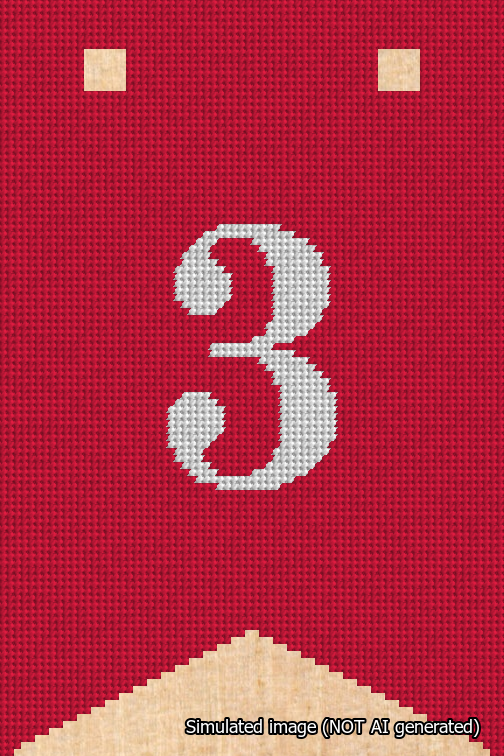 A simulated image of the stitched needlepoint design: Banner 18m Forked 3 White on Red. Not A.I. generated.