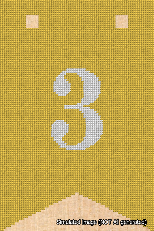 A simulated image of the stitched needlepoint design: Banner 18m Forked 3 White on Yellow. Not A.I. generated.