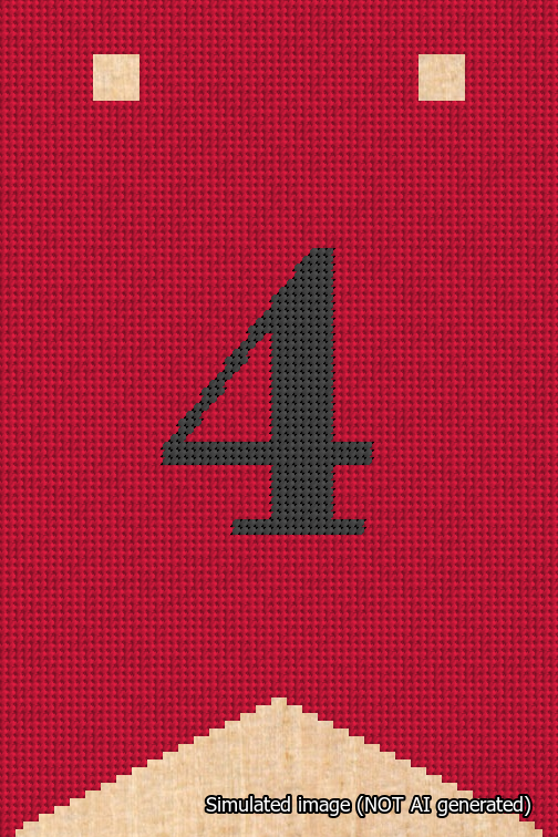 A simulated image of the stitched needlepoint design: Banner 18m Forked 4 Black on Red. Not A.I. generated.