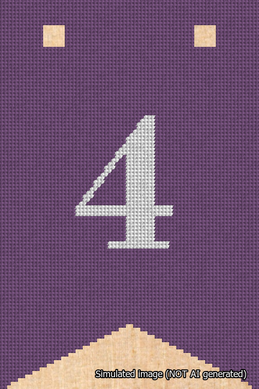 A simulated image of the stitched needlepoint design: Banner 18m Forked 4 White on Purple. Not A.I. generated.