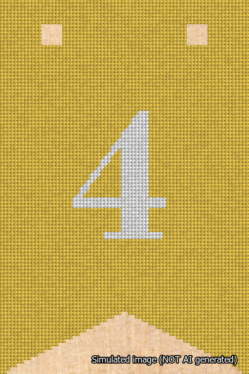A simulated image of the stitched needlepoint design: Banner 18m Forked 4 White on Yellow. Not A.I. generated.