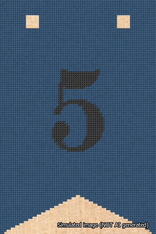 A simulated image of the stitched needlepoint design: Banner 18m Forked 5 Black on Blue. Not A.I. generated.