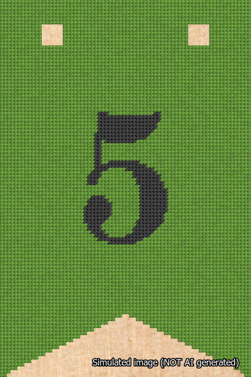 A simulated image of the stitched needlepoint design: Banner 18m Forked 5 Black on Light Green. Not A.I. generated.