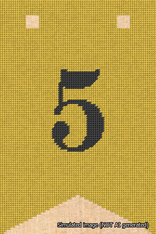A simulated image of the stitched needlepoint design: Banner 18m Forked 5 Black on Yellow. Not A.I. generated.