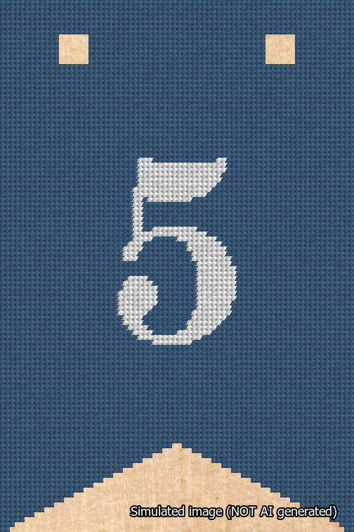 A simulated image of the stitched needlepoint design: Banner 18m Forked 5 White on Blue. Not A.I. generated.