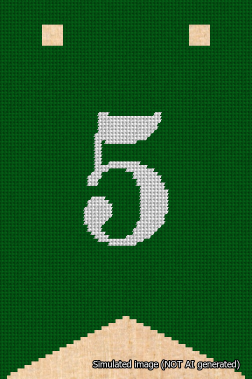 A simulated image of the stitched needlepoint design: Banner 18m Forked 5 White on Green. Not A.I. generated.