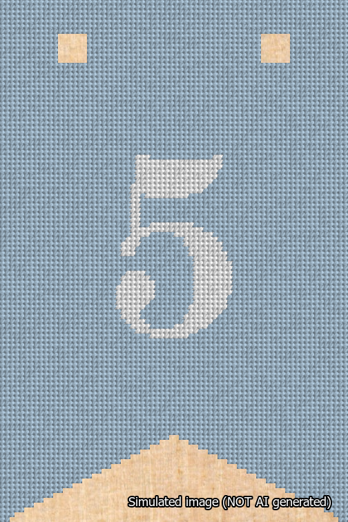 A simulated image of the stitched needlepoint design: Banner 18m Forked 5 White on Light Blue. Not A.I. generated.