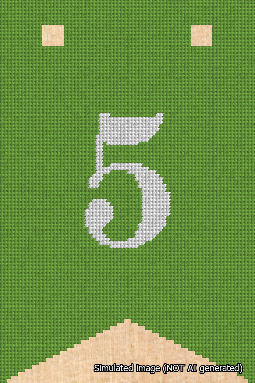 A simulated image of the stitched needlepoint design: Banner 18m Forked 5 White on Light Green. Not A.I. generated.