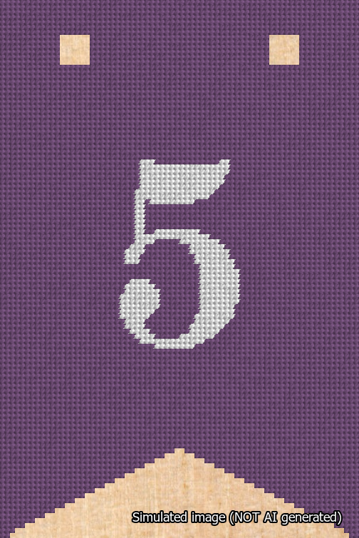 A simulated image of the stitched needlepoint design: Banner 18m Forked 5 White on Purple. Not A.I. generated.