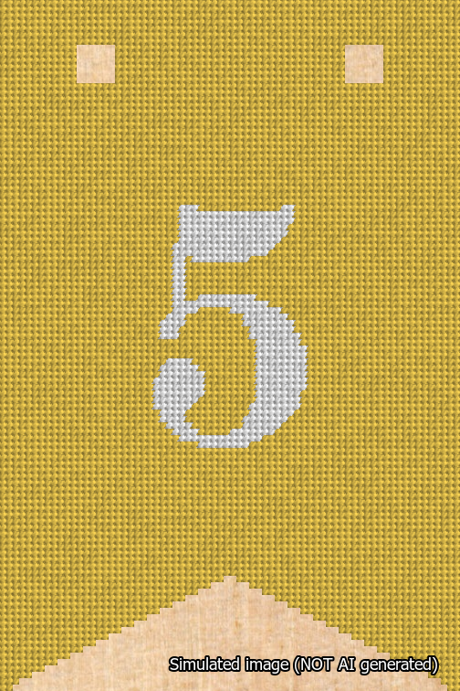 A simulated image of the stitched needlepoint design: Banner 18m Forked 5 White on Yellow. Not A.I. generated.