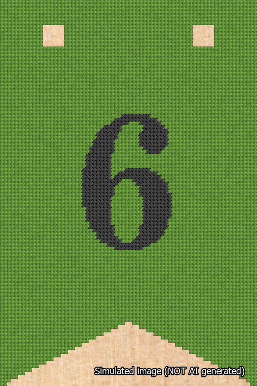 A simulated image of the stitched needlepoint design: Banner 18m Forked 6 Black on Light Green. Not A.I. generated.