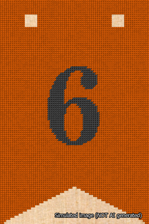 A simulated image of the stitched needlepoint design: Banner 18m Forked 6 Black on Orange. Not A.I. generated.