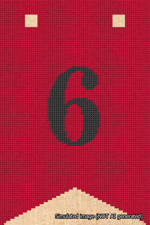 A simulated image of the stitched needlepoint design: Banner 18m Forked 6 Black on Red. Not A.I. generated.