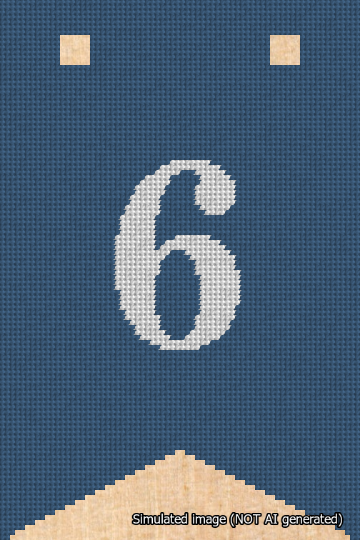 A simulated image of the stitched needlepoint design: Banner 18m Forked 6 White on Blue. Not A.I. generated.