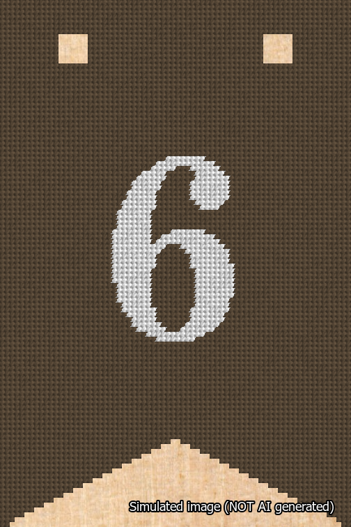 A simulated image of the stitched needlepoint design: Banner 18m Forked 6 White on Brown. Not A.I. generated.