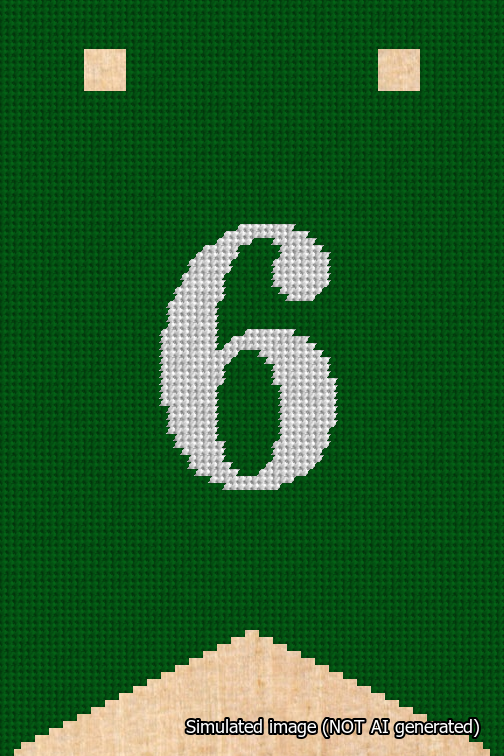 A simulated image of the stitched needlepoint design: Banner 18m Forked 6 White on Green. Not A.I. generated.