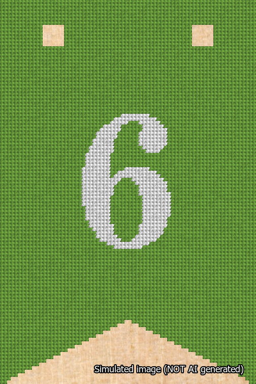A simulated image of the stitched needlepoint design: Banner 18m Forked 6 White on Light Green. Not A.I. generated.