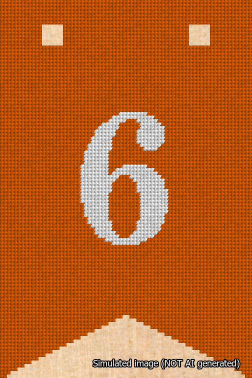 A simulated image of the stitched needlepoint design: Banner 18m Forked 6 White on Orange. Not A.I. generated.