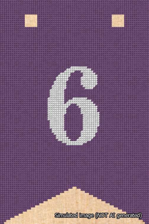 A simulated image of the stitched needlepoint design: Banner 18m Forked 6 White on Purple. Not A.I. generated.