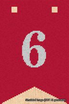 A simulated image of the stitched needlepoint design: Banner 18m Forked 6 White on Red. Not A.I. generated.
