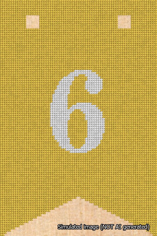 A simulated image of the stitched needlepoint design: Banner 18m Forked 6 White on Yellow. Not A.I. generated.