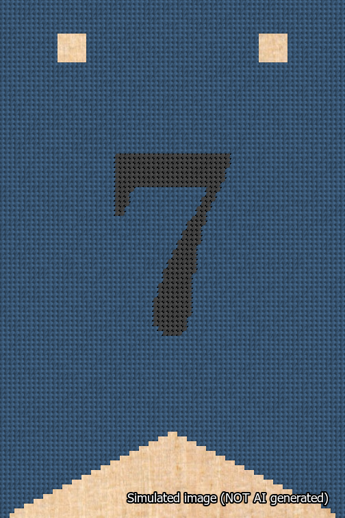 A simulated image of the stitched needlepoint design: Banner 18m Forked 7 Black on Blue. Not A.I. generated.