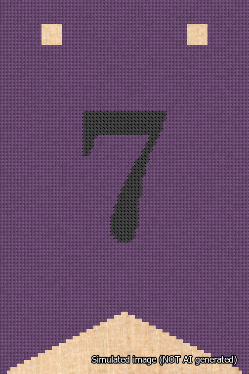 A simulated image of the stitched needlepoint design: Banner 18m Forked 7 Black on Purple. Not A.I. generated.