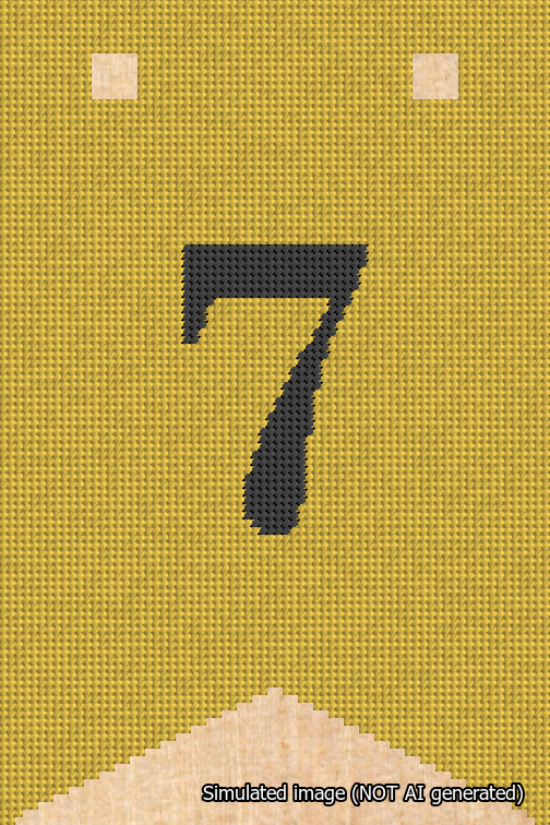 A simulated image of the stitched needlepoint design: Banner 18m Forked 7 Black on Yellow. Not A.I. generated.