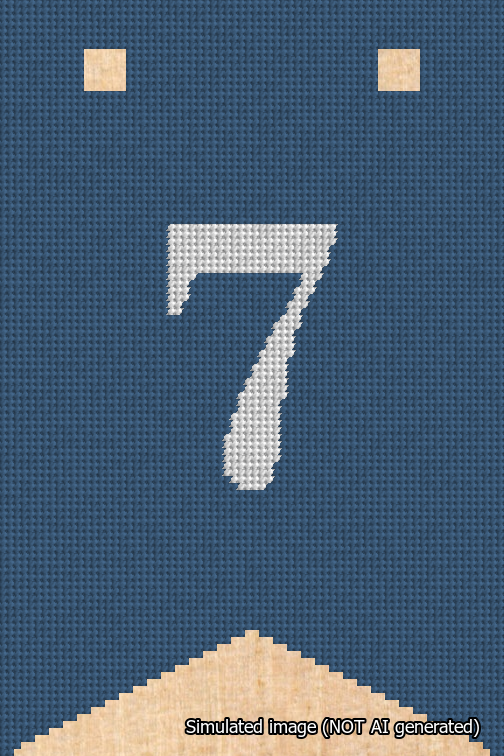 A simulated image of the stitched needlepoint design: Banner 18m Forked 7 White on Blue. Not A.I. generated.