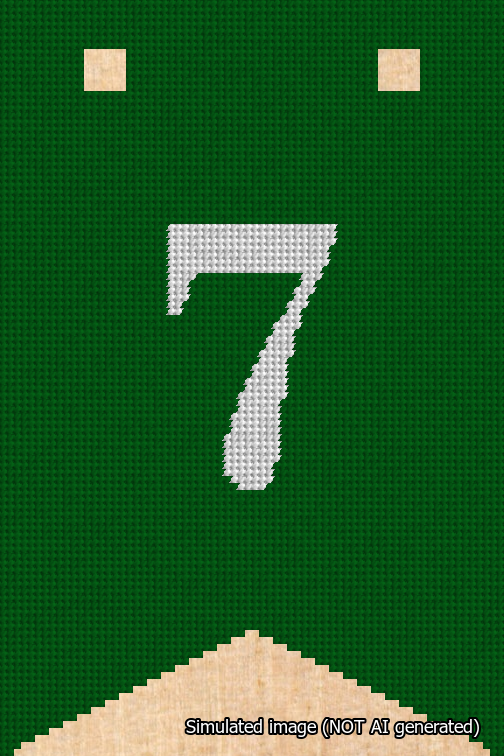 A simulated image of the stitched needlepoint design: Banner 18m Forked 7 White on Green. Not A.I. generated.