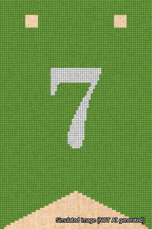 A simulated image of the stitched needlepoint design: Banner 18m Forked 7 White on Light Green. Not A.I. generated.