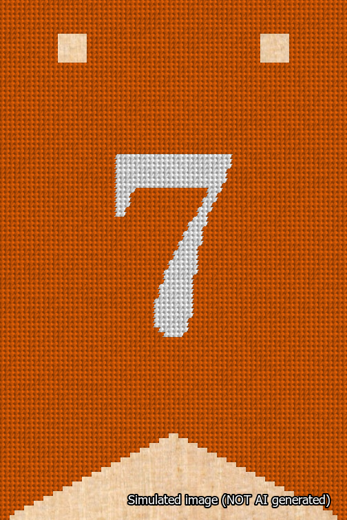 A simulated image of the stitched needlepoint design: Banner 18m Forked 7 White on Orange. Not A.I. generated.