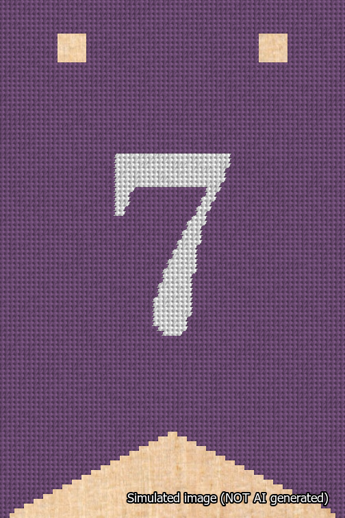 A simulated image of the stitched needlepoint design: Banner 18m Forked 7 White on Purple. Not A.I. generated.
