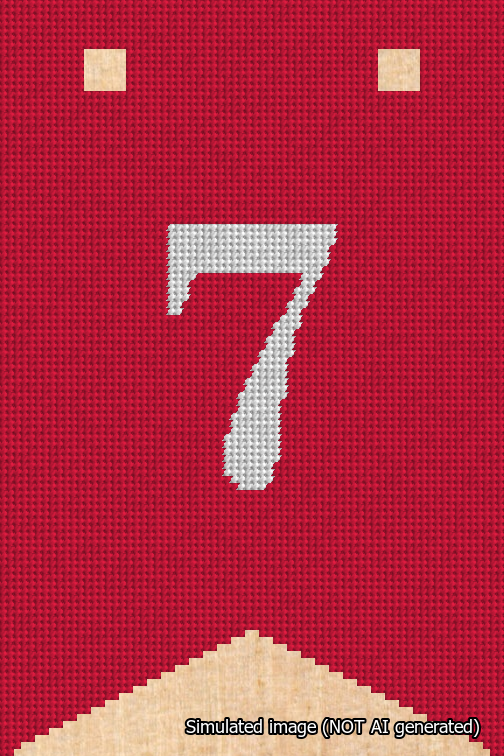 A simulated image of the stitched needlepoint design: Banner 18m Forked 7 White on Red. Not A.I. generated.