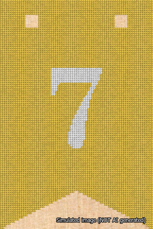 A simulated image of the stitched needlepoint design: Banner 18m Forked 7 White on Yellow. Not A.I. generated.