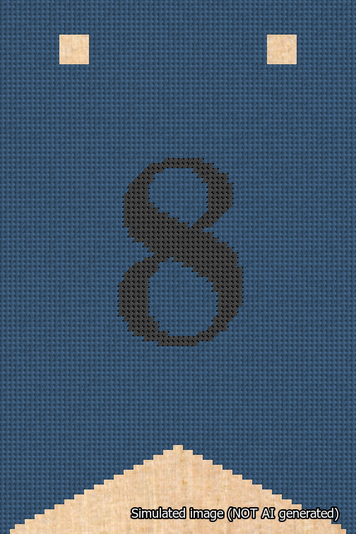 A simulated image of the stitched needlepoint design: Banner 18m Forked 8 Black on Blue. Not A.I. generated.