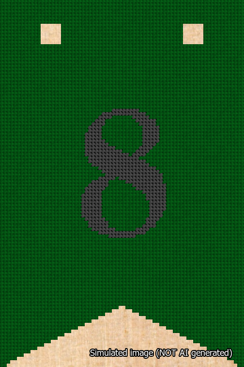 A simulated image of the stitched needlepoint design: Banner 18m Forked 8 Black on Green. Not A.I. generated.