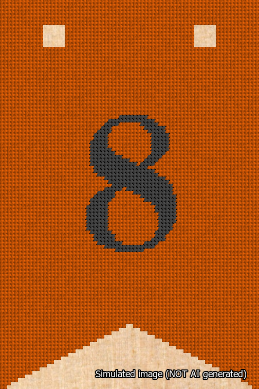 A simulated image of the stitched needlepoint design: Banner 18m Forked 8 Black on Orange. Not A.I. generated.