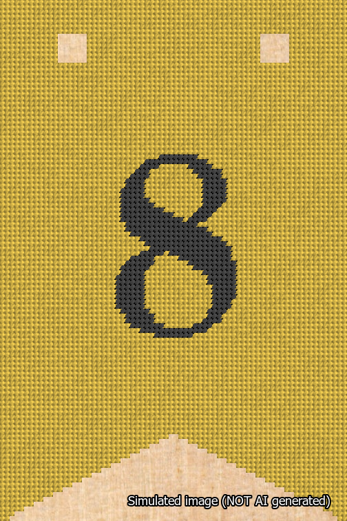 A simulated image of the stitched needlepoint design: Banner 18m Forked 8 Black on Yellow. Not A.I. generated.