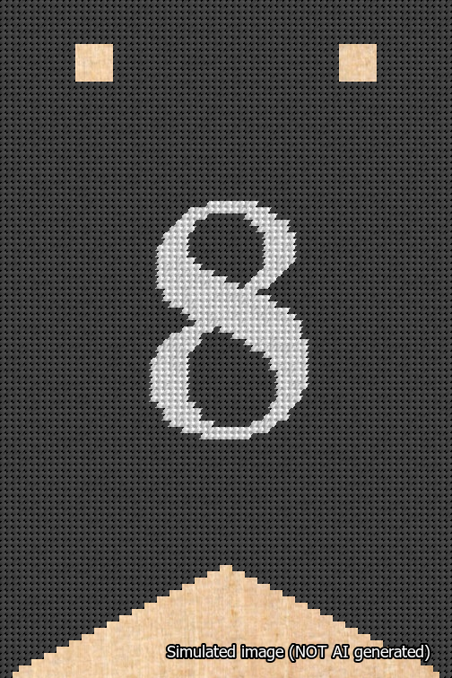 A simulated image of the stitched needlepoint design: Banner 18m Forked 8 White on Black. Not A.I. generated.