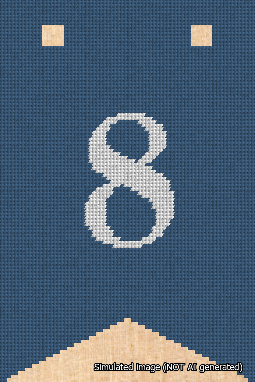 A simulated image of the stitched needlepoint design: Banner 18m Forked 8 White on Blue. Not A.I. generated.