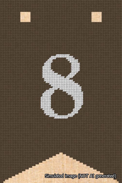A simulated image of the stitched needlepoint design: Banner 18m Forked 8 White on Brown. Not A.I. generated.