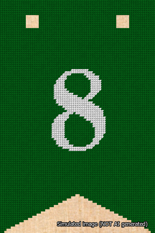 A simulated image of the stitched needlepoint design: Banner 18m Forked 8 White on Green. Not A.I. generated.