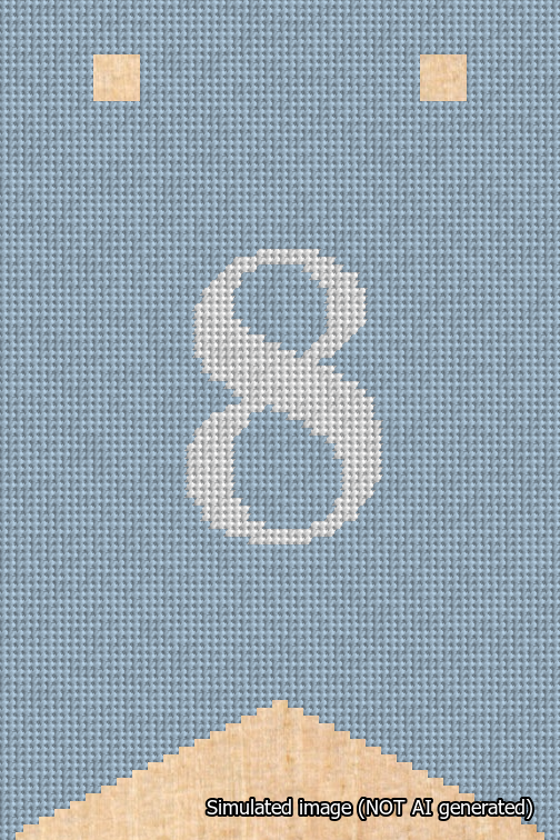 A simulated image of the stitched needlepoint design: Banner 18m Forked 8 White on Light Blue. Not A.I. generated.