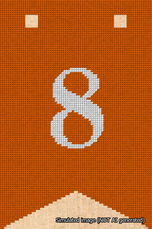 A simulated image of the stitched needlepoint design: Banner 18m Forked 8 White on Orange. Not A.I. generated.