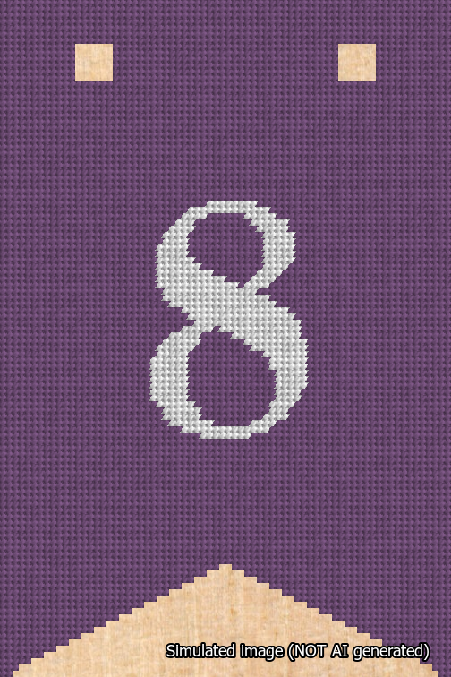 A simulated image of the stitched needlepoint design: Banner 18m Forked 8 White on Purple. Not A.I. generated.
